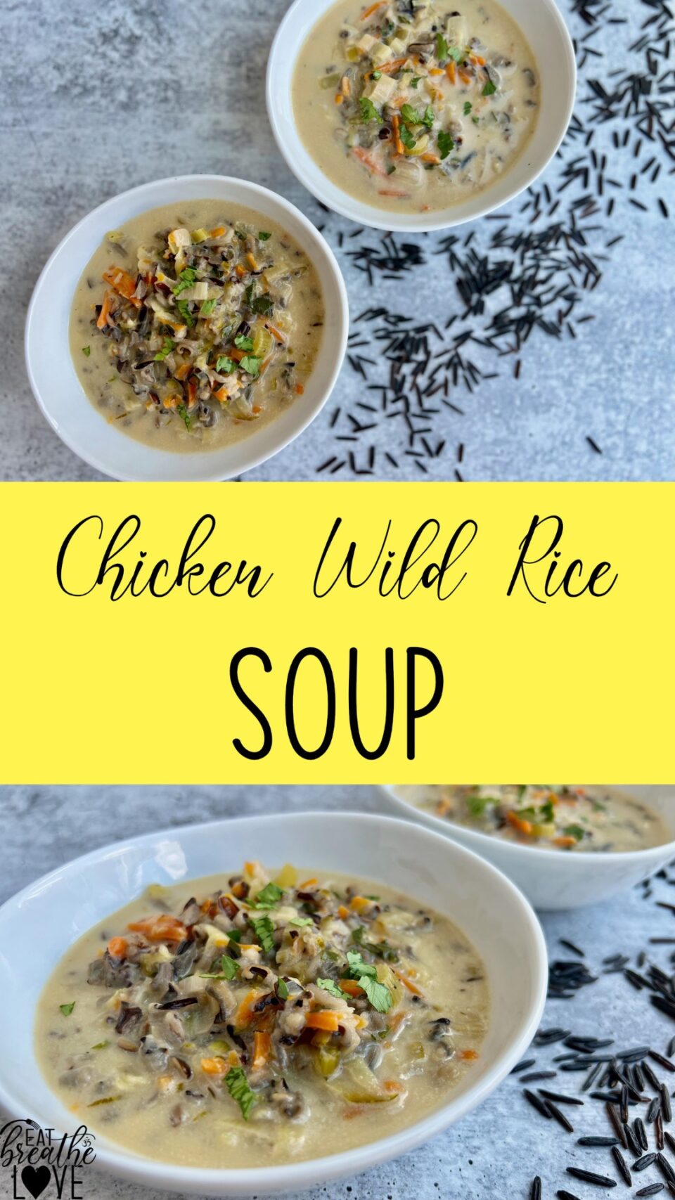 Pictures of bowls of chicken wild rice soup with wild rice around it