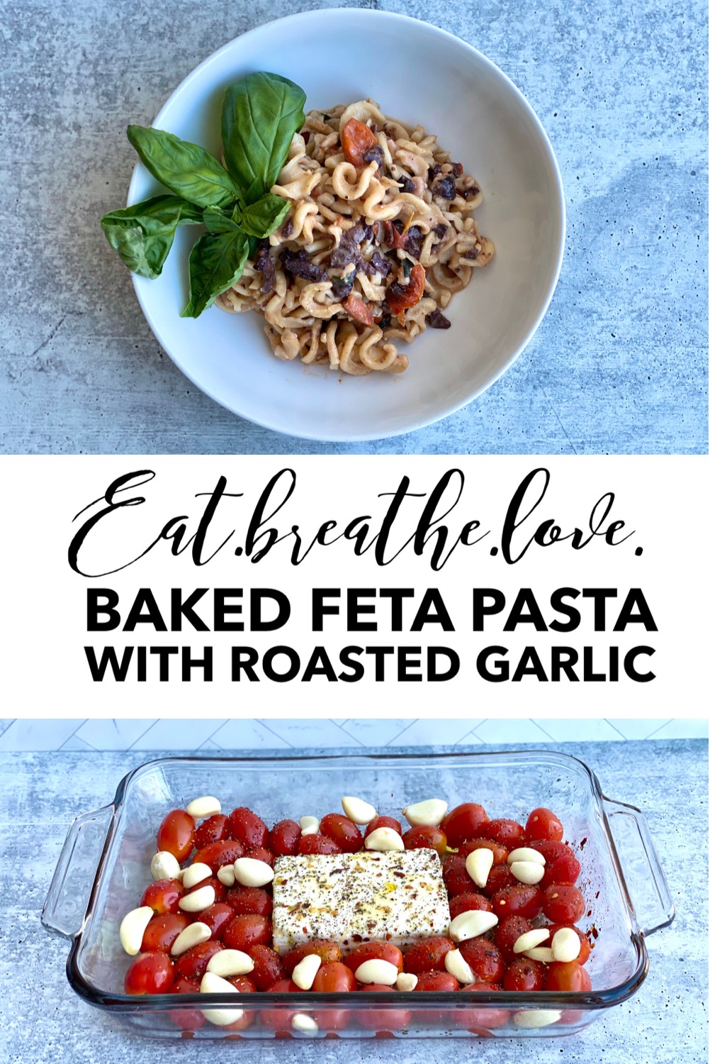 Image of pasta in a bowl and baking dish with feta and tomatoes