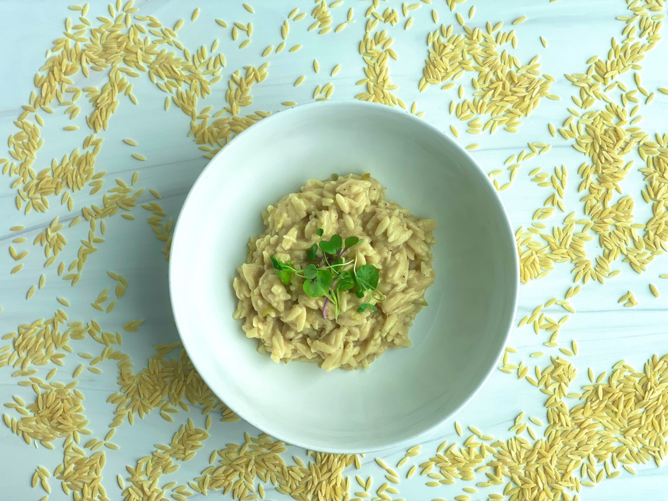 An image of a bowl of orzo pasta surrounded by uncooked orzo