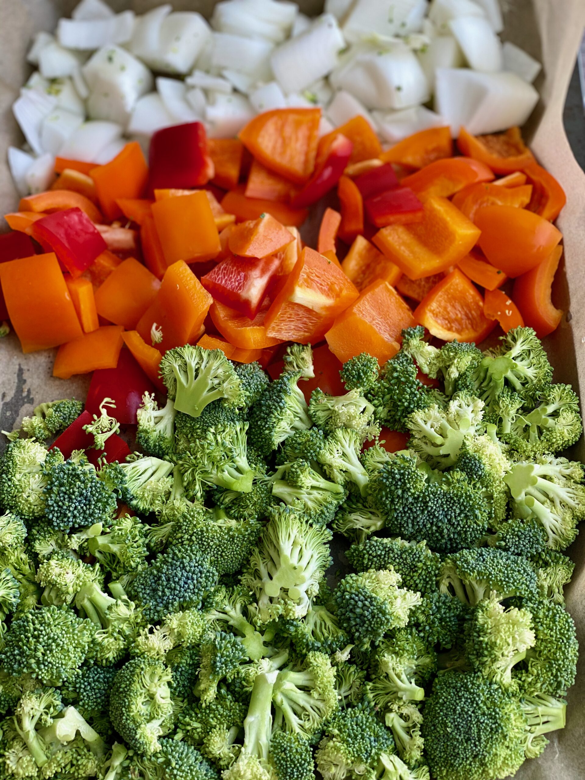 Image of a pan of broccoli, bell peppers and onions