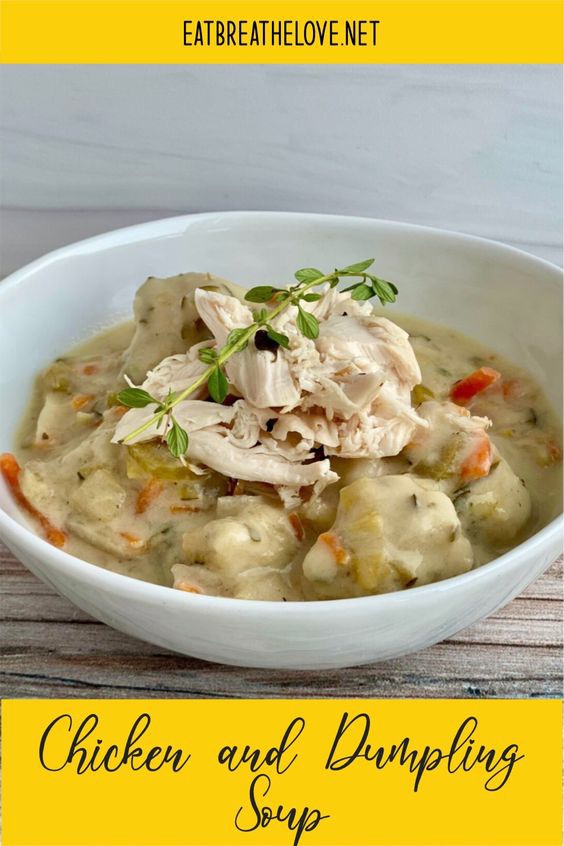 A bowl of soup with chicken and dumplings