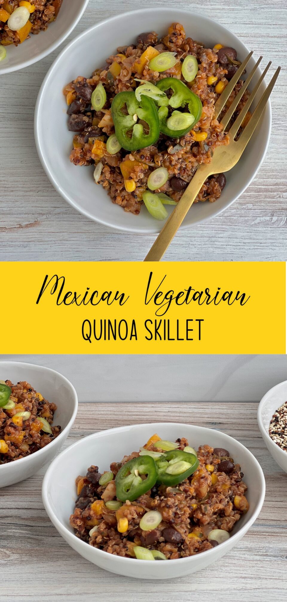 Pictures of Mexican quinoa dish topped with jalapeños